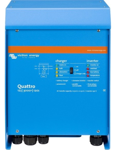 Inversor-cargador Victron Quattro 12/3000/120-50/50 de 12V y 2400W continuos con cargador de 120A