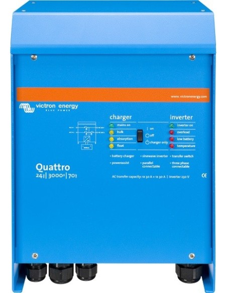 Inversor-cargador Victron Quattro 24/3000/70-50/50 de 24V y 2400W continuos con cargador de 70A