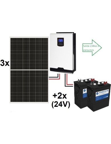 Kit solar aislada ECO de 4500Wh al día, de 24V con inversor-cargador de 3000w para uso permanente