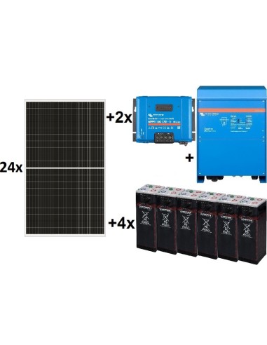 Kit solar aislada TOP de 39.000W/día de 48V con inversor Victron de 8000W que incluye cargador, para uso permanente