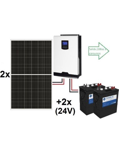 Kit solar aislada ECO de 3500Wh al día, de 24V con inversor-cargador de 3000w para uso permanente